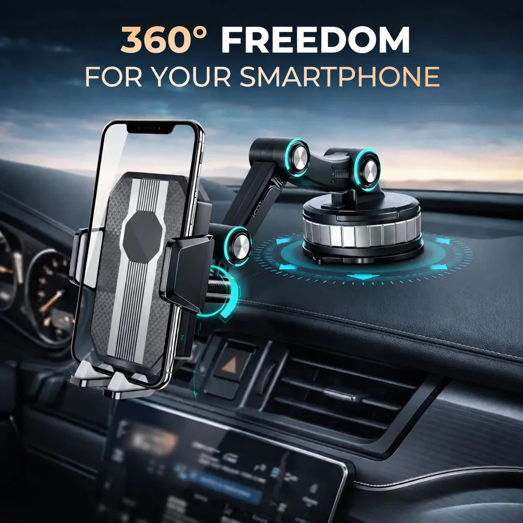 Car phone mount detail with a phone clamped on a dashboard and rotating base.