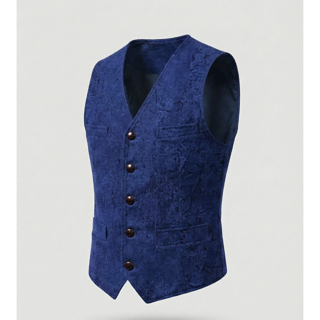 Bright royal blue version of the vest with five dark buttons, flap pockets and a crinkled texture