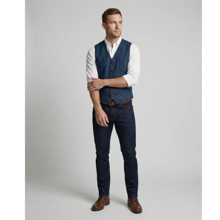 Blue buttoned vest on a model with a white rolled-sleeve shirt, dark jeans and brown leather boots