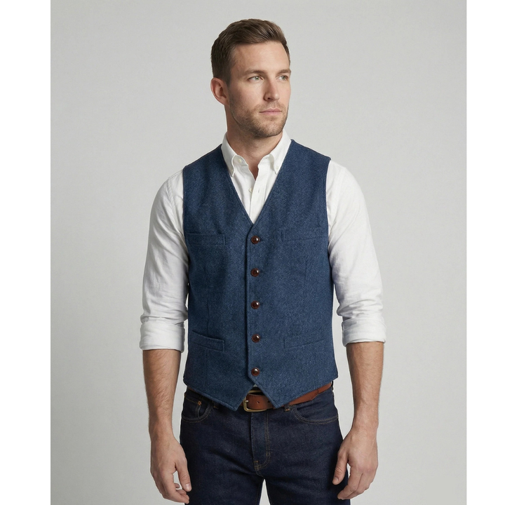 Blue textured five-button vest with welt pockets on a model with a white shirt and dark jeans