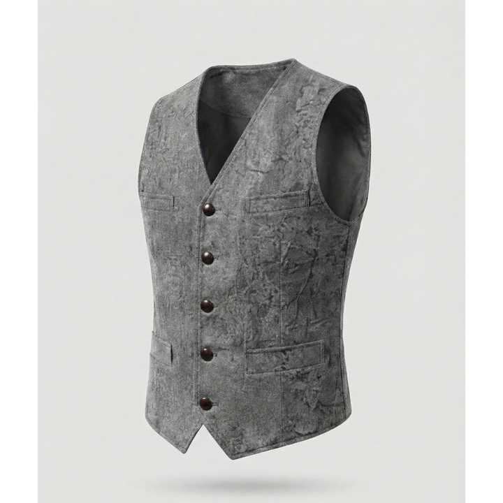 Gray version of the vest with five dark buttons, flap pockets and a mottled crinkled texture