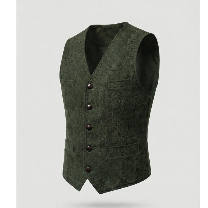 Olive green version of the vest with five dark buttons, flap pockets and a mottled crinkled texture