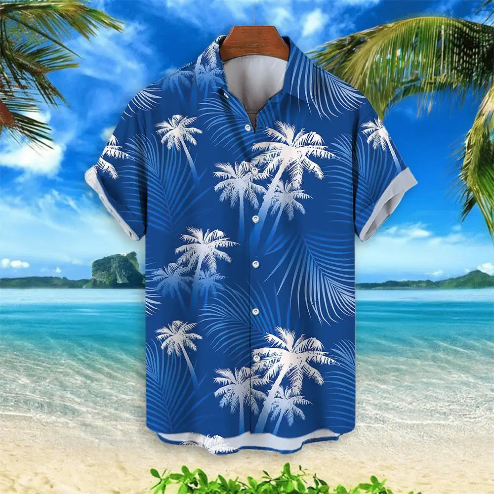 Blaues Hawaii-Hemd mit Palmenmuster, Kurzarm, Strandhintergrund, tropisches Design.