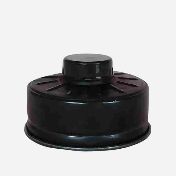 Black round replacement filter canister with a raised cap and ribbed shoulders.