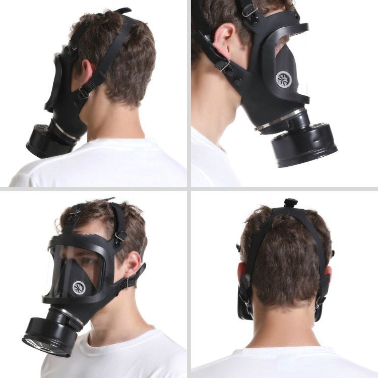 Black NBCR protective mask worn from four views.