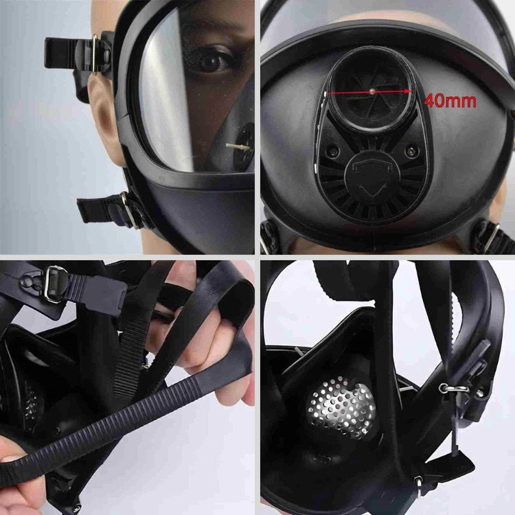 Detail of the black NBCR protective mask showing strap buckles and the filter port.