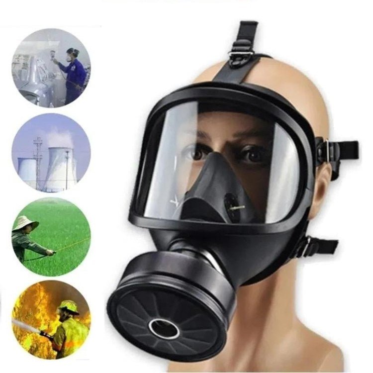Black NBCR protective mask on a mannequin head.