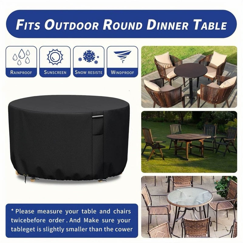 Green round patio furniture cover over a patio table, beside three outdoor dining sets it fits.