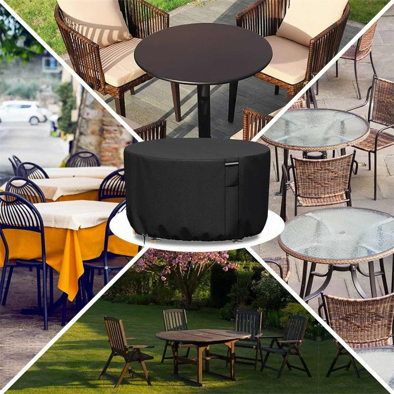 Black round patio furniture cover centered in a collage of patio tables and chairs.