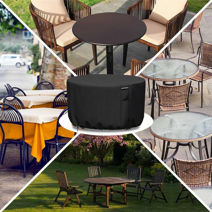 Black round patio furniture cover centered in a collage of patio tables and chairs.