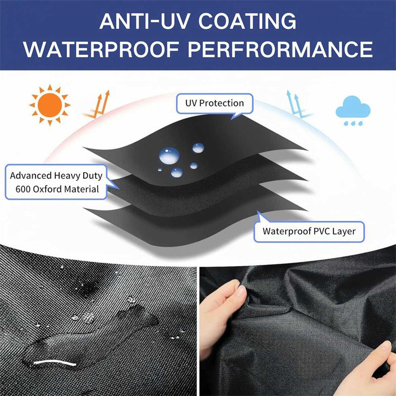 Black patio furniture cover detail showing UV protection, oxford material and waterproof layer.