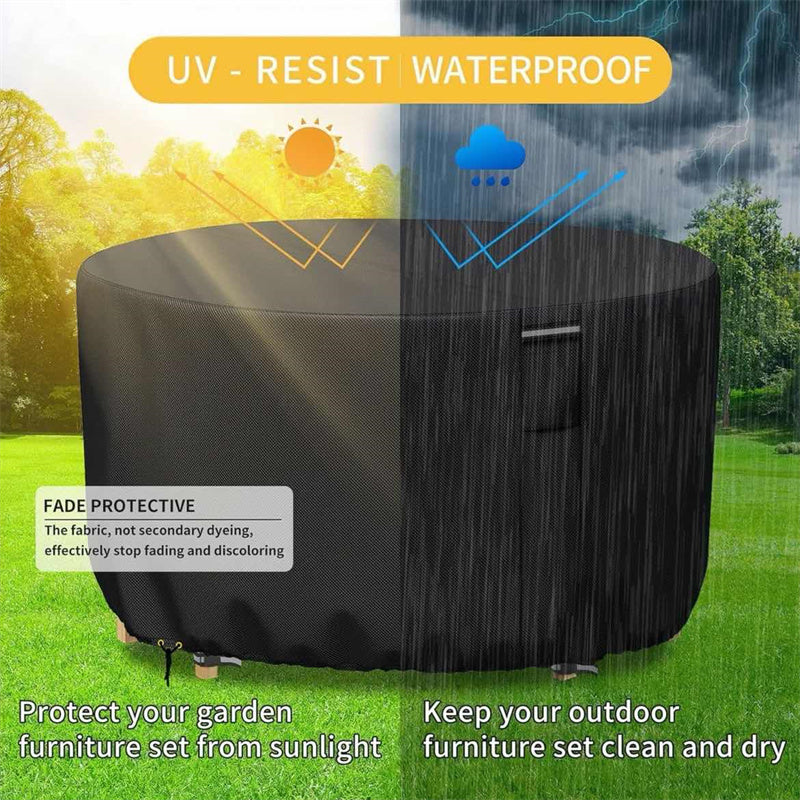 Green round patio furniture cover detail showing protection from sun and rain.