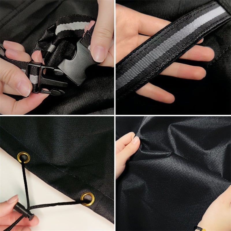 Detail of the green patio furniture cover showing a buckle strap, handle and drawstring.