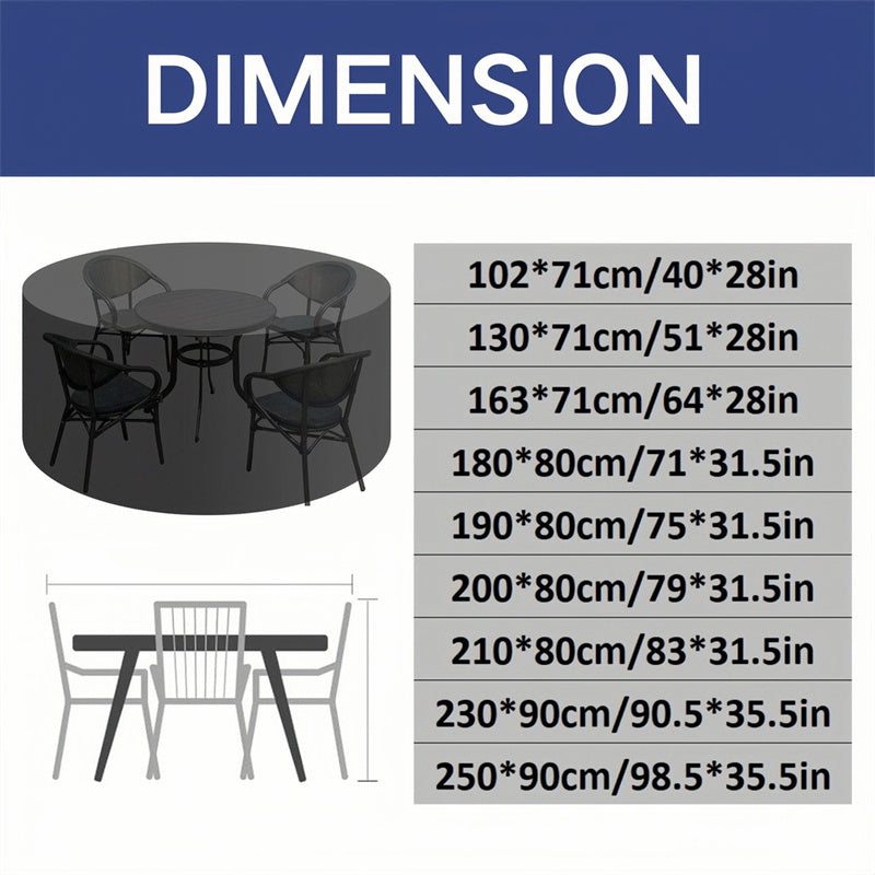 Dimension chart for the round patio furniture cover with size options and a table and chairs diagram.