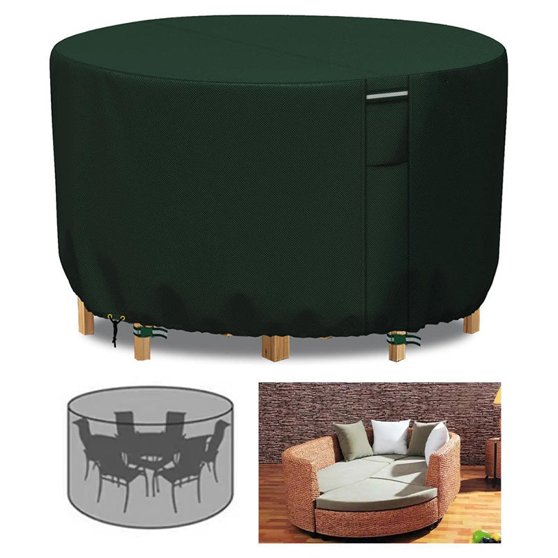Green round patio furniture cover over wooden table legs with chairs visible underneath.
