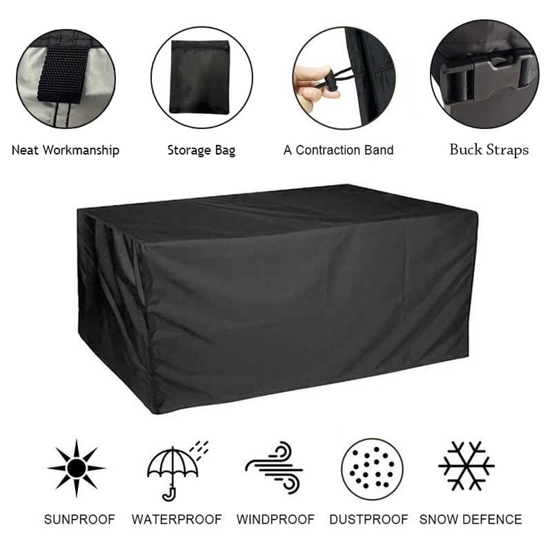 Black polyester patio furniture cover, detail of the strap, storage bag, drawstring and buckle.