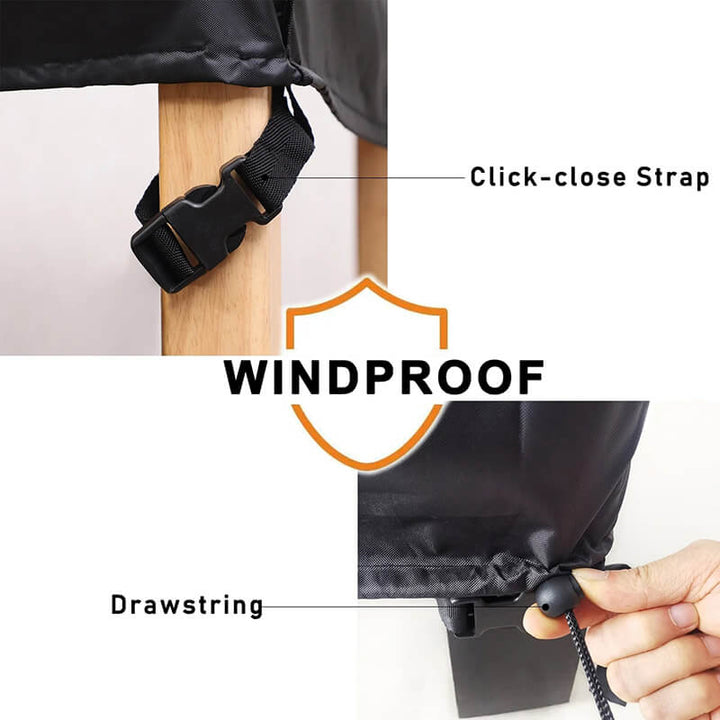 Close-ups of a buckle strap fastened around a wooden table leg and a hand tightening the drawstring toggle.