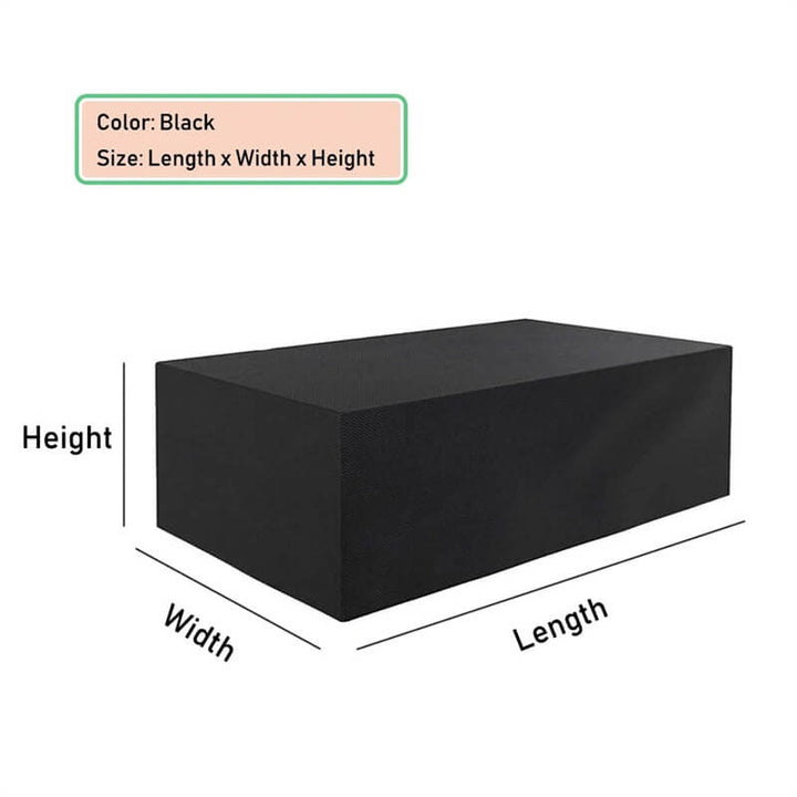 Black rectangular polyester patio furniture cover with arrows marking length, width and height.