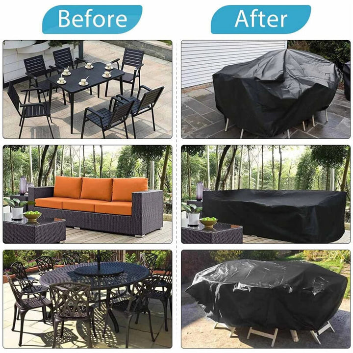 Black polyester patio furniture cover, another view.