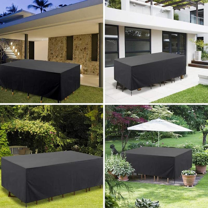 Black polyester patio furniture cover, another view.