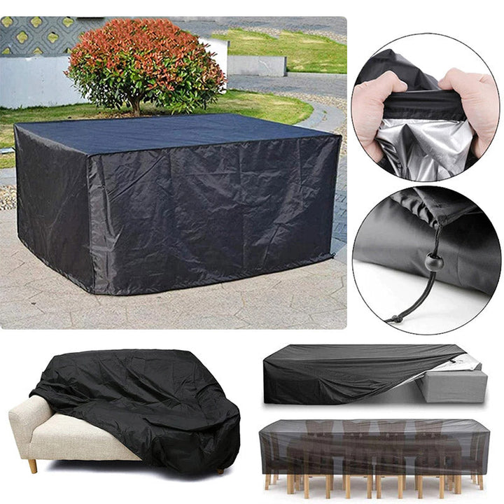 Black polyester patio furniture cover with detail of the drawstring and lining.