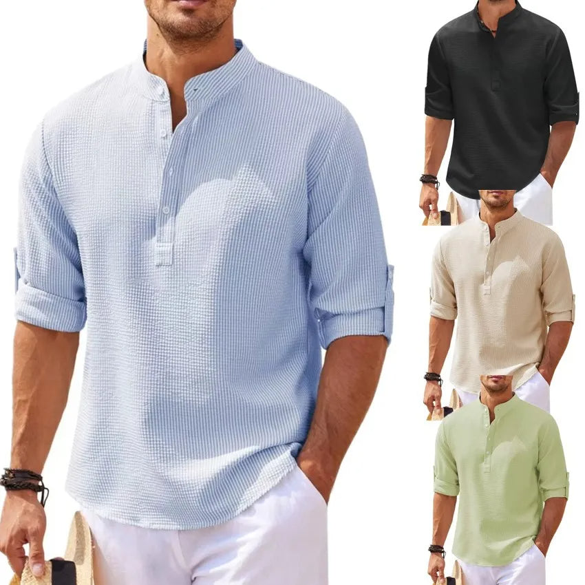 Herren Leinenhemd, langärmlig, in Blau, Schwarz, Beige, Grün, lässig, atmungsaktiv.