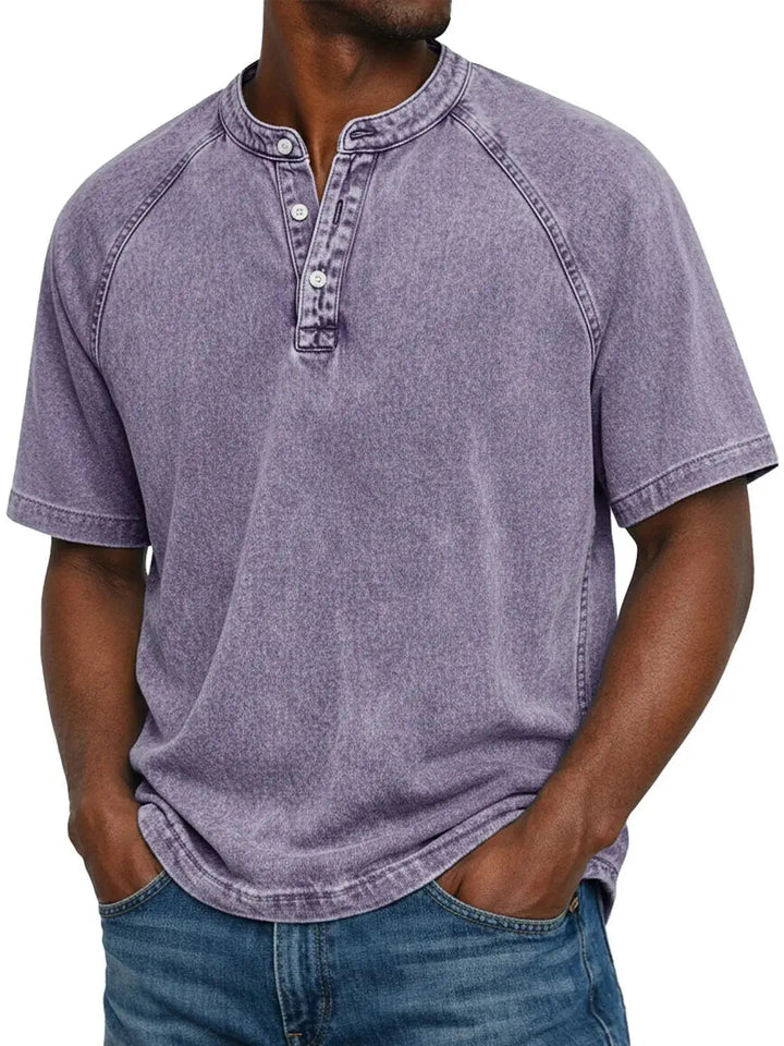 Men's washed raglan-sleeve henley in lavender purple, front view with three buttons