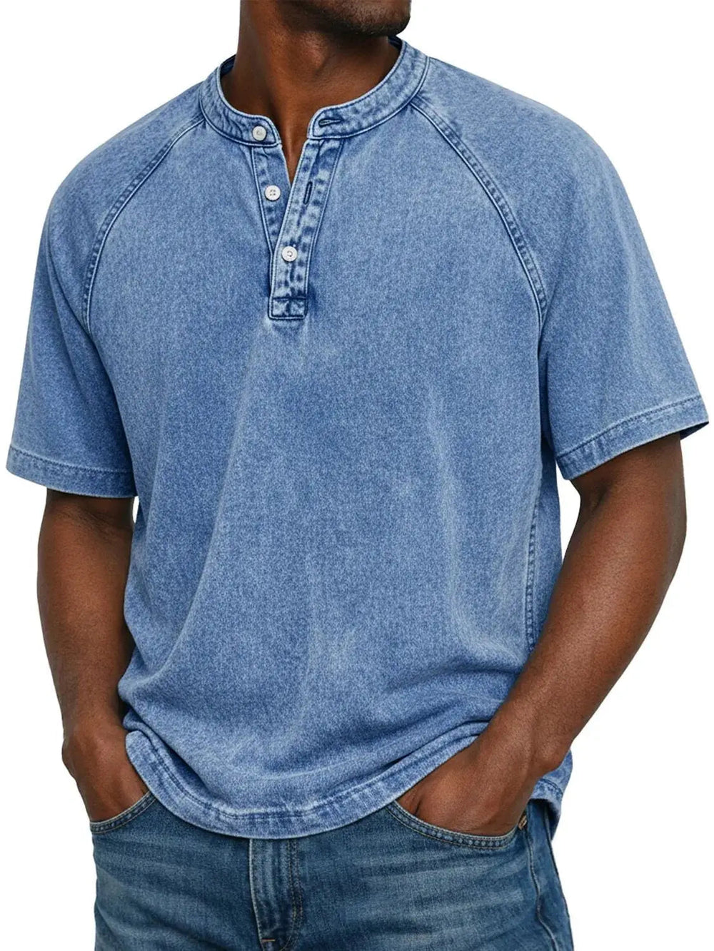 Men's washed raglan-sleeve henley in light denim blue, front view with three-button placket