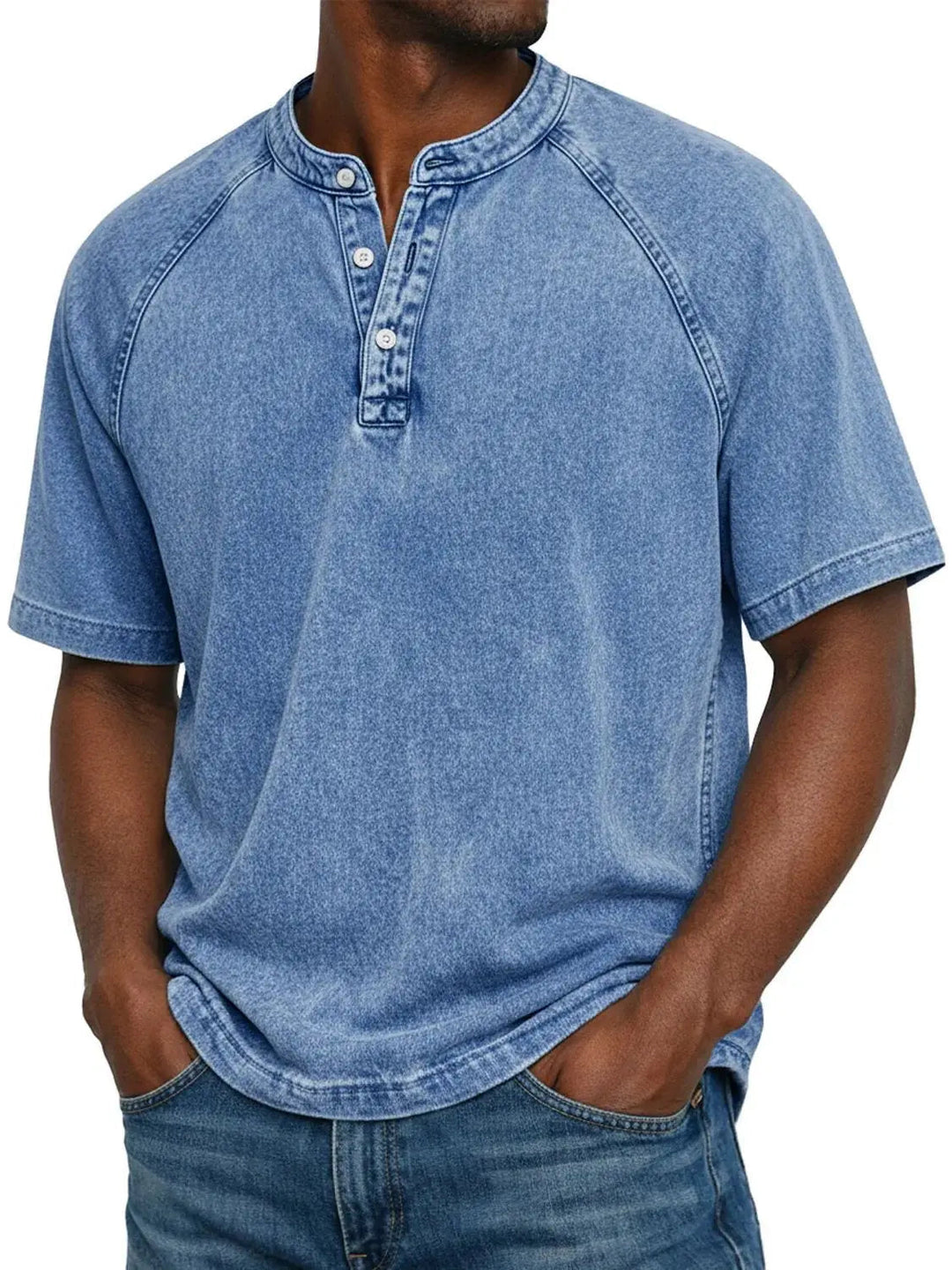Men's washed raglan-sleeve henley in light denim blue, front view with three-button placket