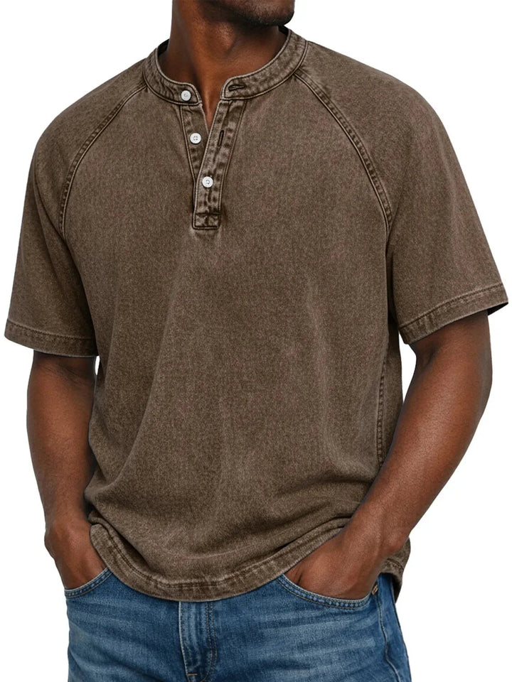 Men's washed raglan-sleeve henley in coffee brown, front view with relaxed fit and raglan seams