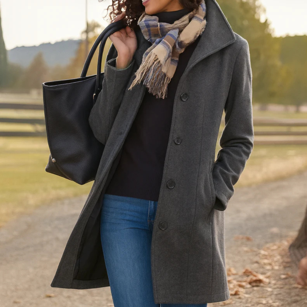 Heritage Button-Up Coat for Women in charcoal gray shown on a country path.