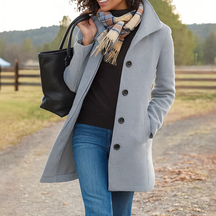 Heritage Button-Up Coat for Women in light gray with dark buttons shown on a gravel path.