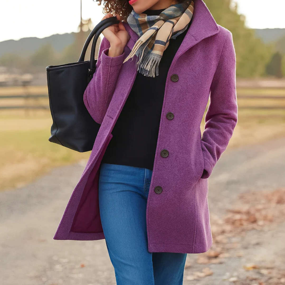 Heritage Button-Up Coat for Women in purple shown open to show the matching lining.