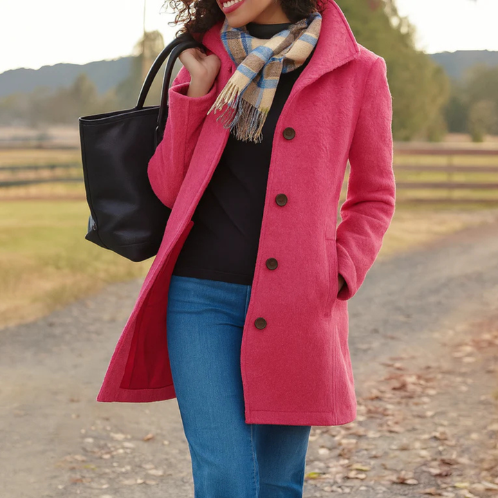 Heritage Button-Up Coat for Women in hot pink with a textured wool-look finish shown with a plaid scarf.