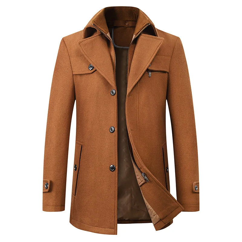 Front view of the camel brown version of the coat, with a brown quilted lining visible through the open zip-through inner layer. 5