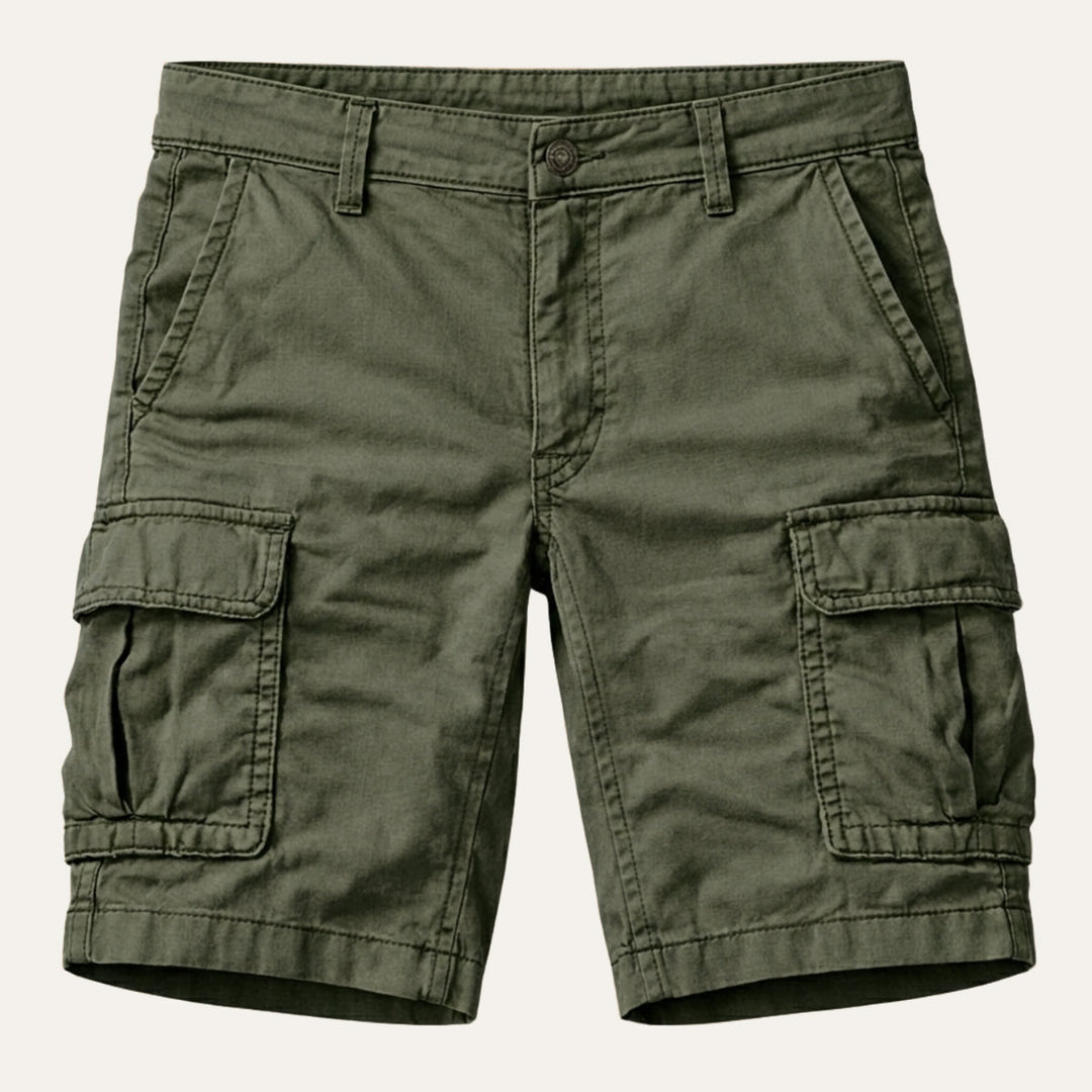 Men's black cotton cargo shorts with flap pockets, another view