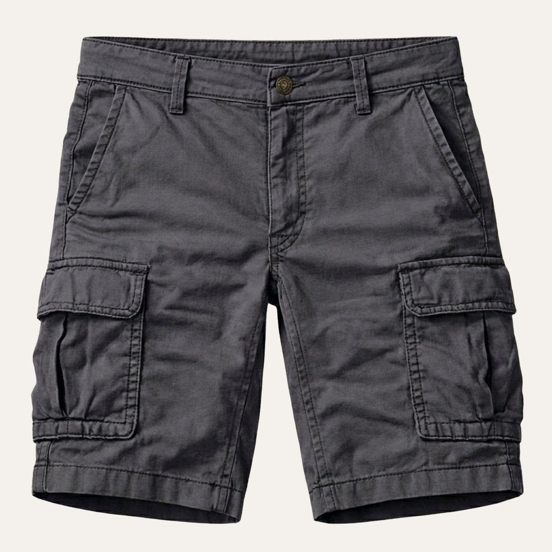 Men's grey cotton cargo shorts with flap pockets, another view