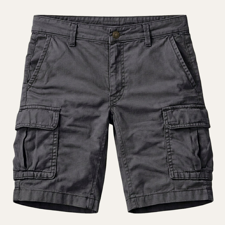 Men's grey cotton cargo shorts with flap pockets, another view
