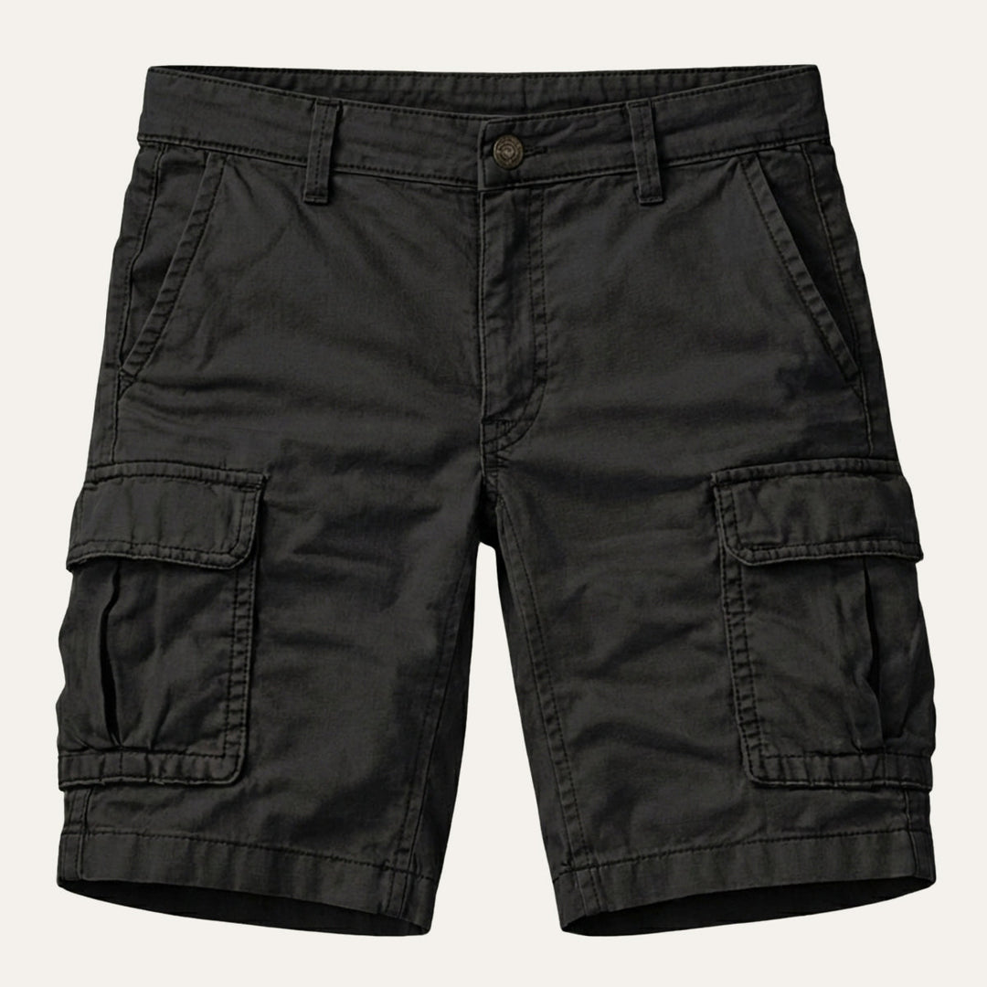 Men's black cotton cargo shorts with flap pockets, another view