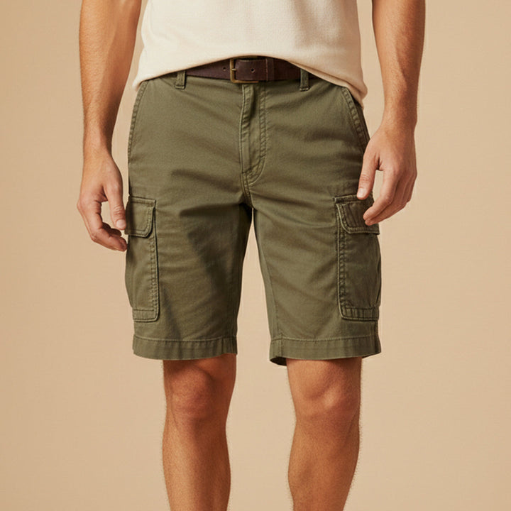 Model wearing men's cargo shorts, another view