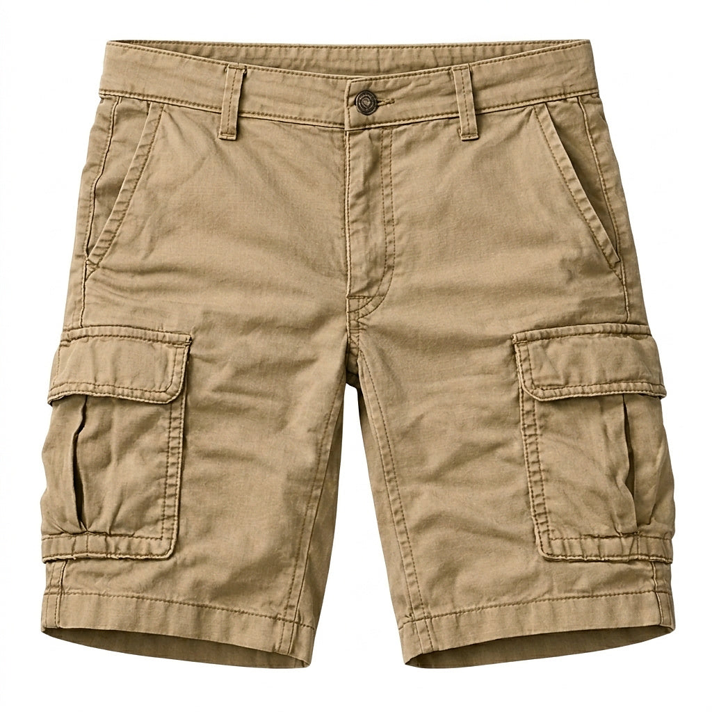 Men's beige cotton cargo shorts with flap pockets, front view