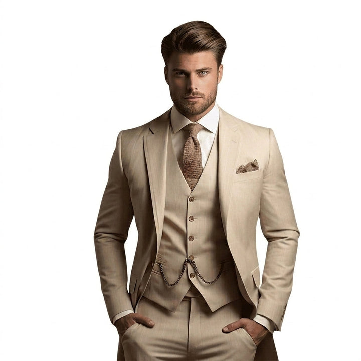 Model with hands in pockets wearing the suit in light beige with faint stripes, paired with a brown textured tie and pocket square. 2