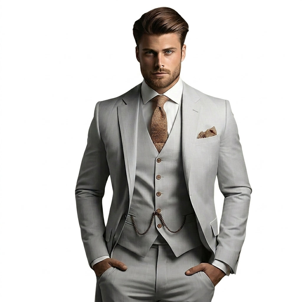 Model with hands in pockets wearing the suit in light gray, with a rust-brown textured tie and pocket square. 3
