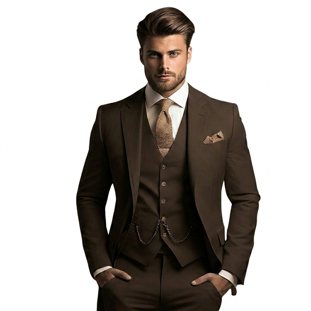Model with hands in pockets wearing the suit in dark chocolate brown, with a tan textured tie and pocket square. 4