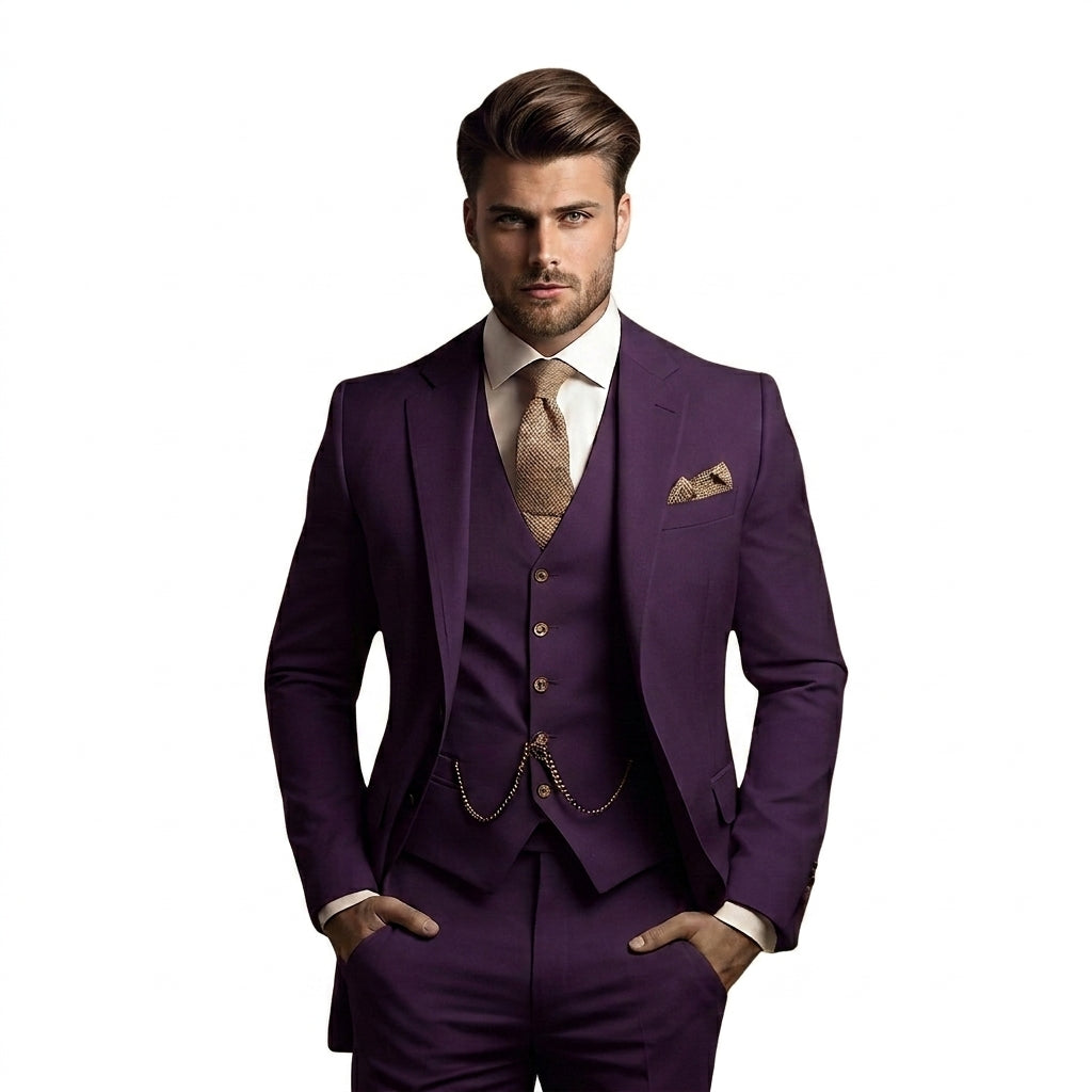 Model with hands in pockets wearing the suit in deep plum purple, with a beige textured tie and pocket square. 6