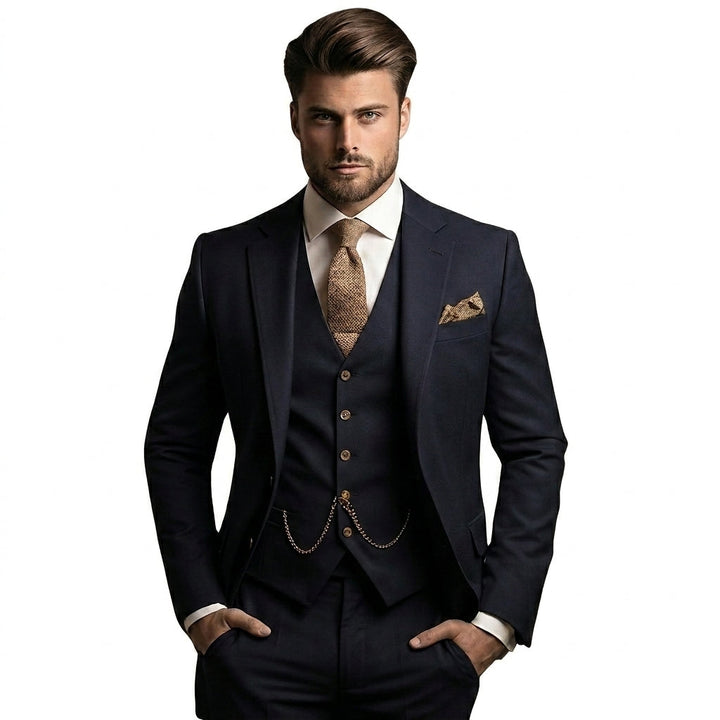 Model with hands in pockets wearing the suit in dark navy, with tan knit tie, matching pocket square and vest chain. 1
