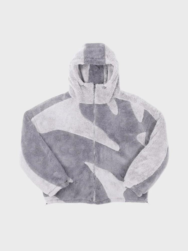 Front view of the zip-up fleece hoodie in light and medium gray with the same panel pattern 2
