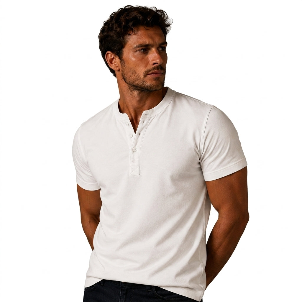 White short sleeve top detail showing the buttoned placket and neckline.