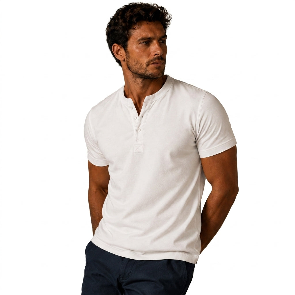 White short sleeve top as another view, worn with dark navy pants.