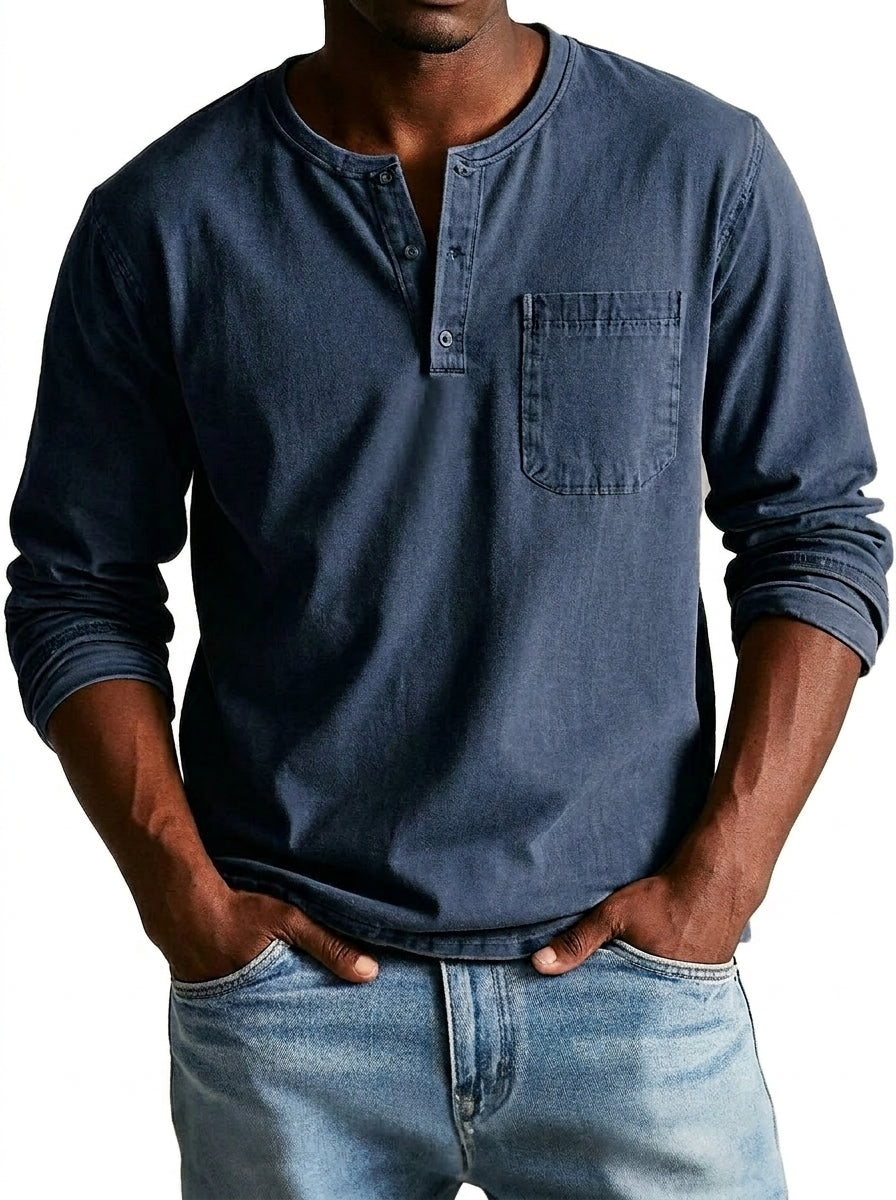 Men's long sleeve henley shirt in navy blue, another view